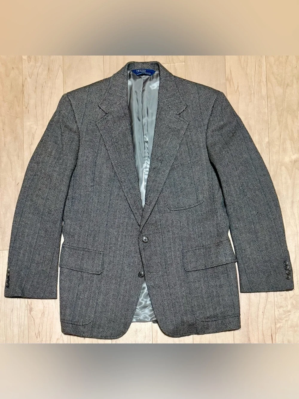 VTG Polo Ralph Lauren Tweed Blazer Patch Pocket Throat Latch Herringbone USA 42R